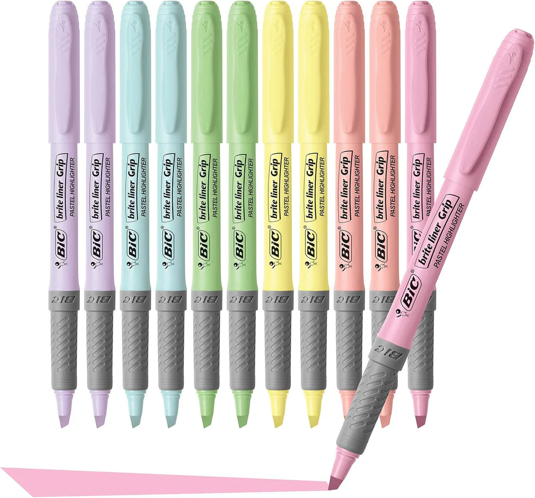 Brite Liner Grip Pastel Highlighter Set, Chisel Tip, 12-Count Pack of Pastel Highlighters in Assorted Colors, Cute Highlighters for Bullet Journaling, Note Taking and More